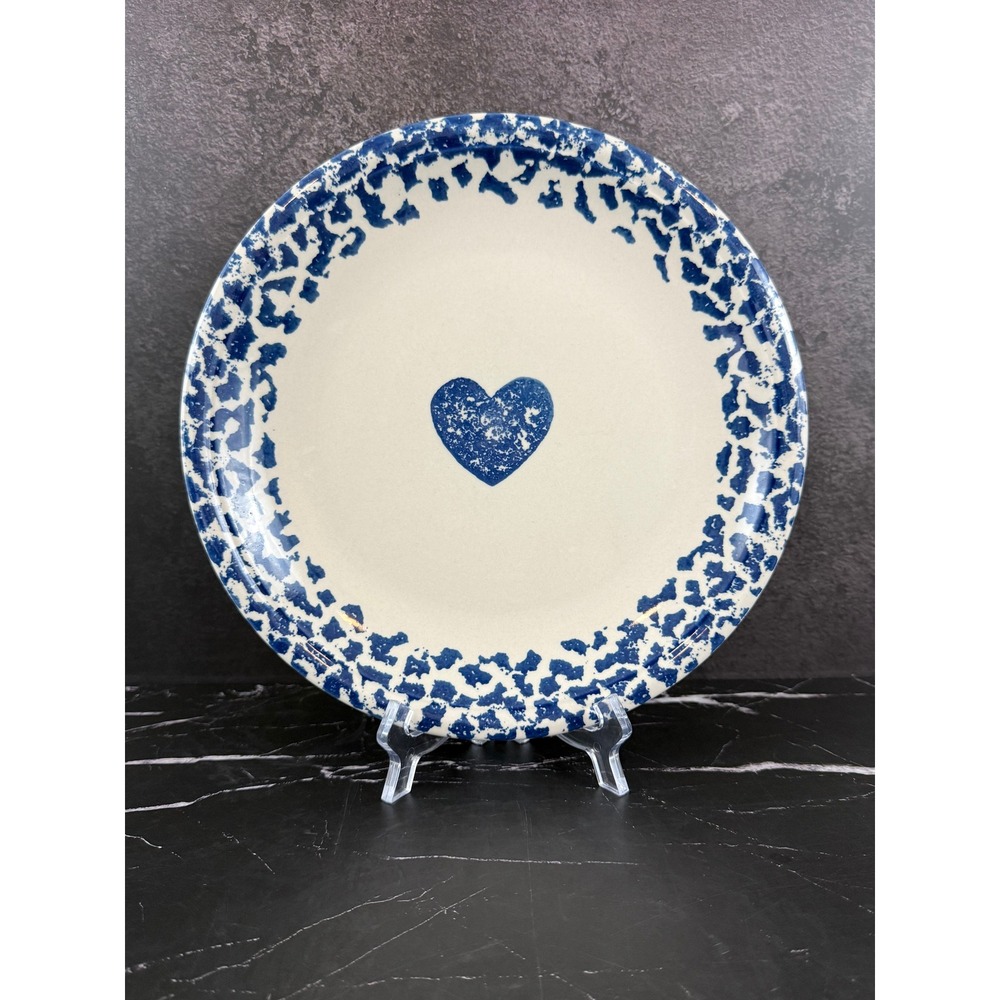 VTG Tienshen Folk Craft Hearts Blue White Spongeware 10 1/4in Dinner Plate READ